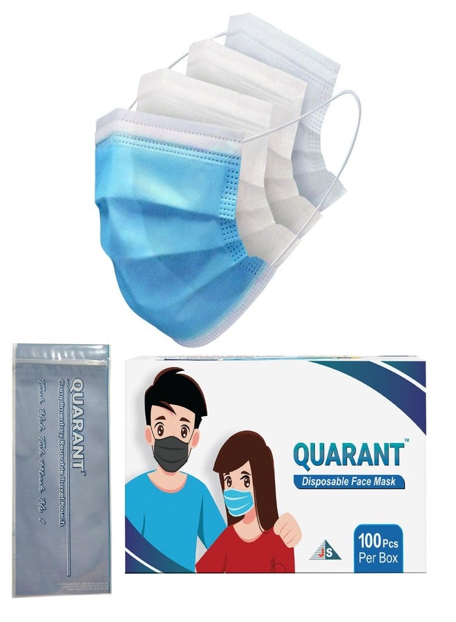 QUARANT Meltblown - Dual SMMS Fabric 4 Ply Anti Pollution Disposable Face Mask with Nose Clip and Reusable Travel Pouch (Blue, Pack of 100) for Unisex - Image 1